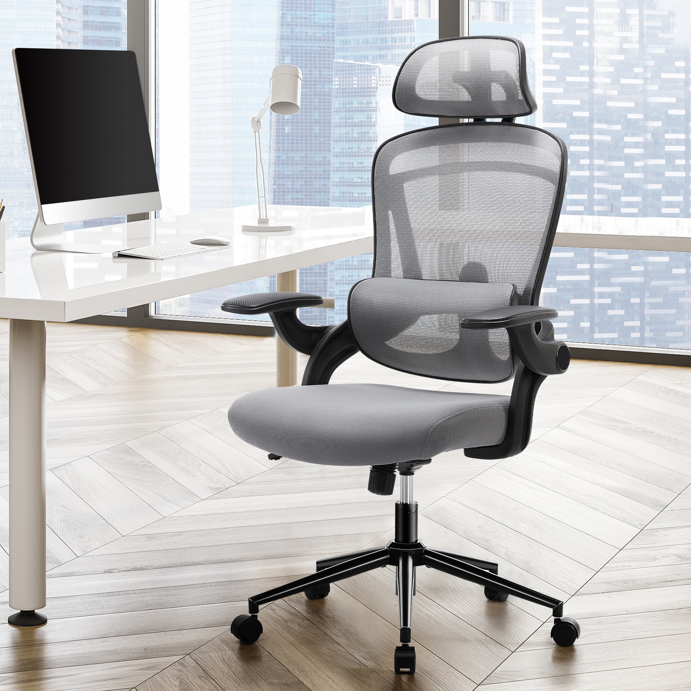 edx Ergonomic Office Chair, High Back Rolling Task Chair with Flip up Arms, 275lb, Grey