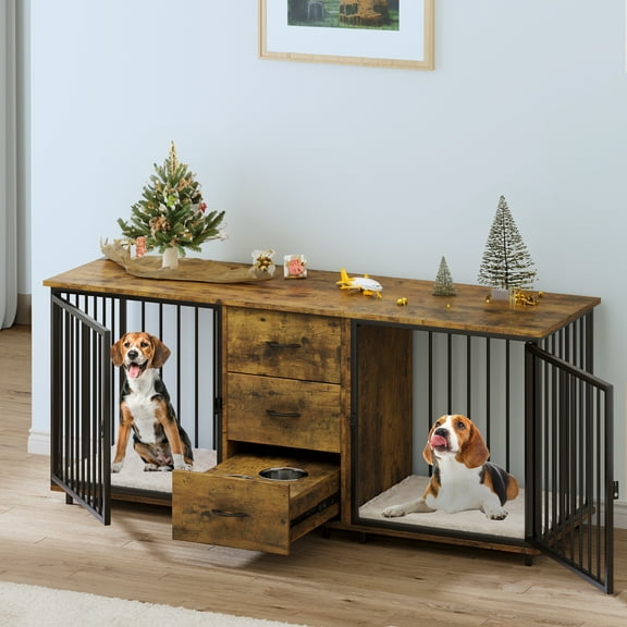 Dextrus Spacious 74" Dual Dog Crate Furniture Including 2 Feeder Bowls, Wooden Dog Kennel TV Console with Partition for 2 Large Medium Small Dogs, Rustic Brown