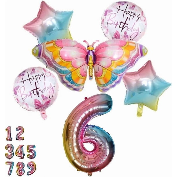Butterfly Balloon Birthday Decoration 6 Years Set - Butterfly Balloons, Butterfly Party, Number 6 Balloon Pink Rainbow, Foil Balloon Animals Happy Bir