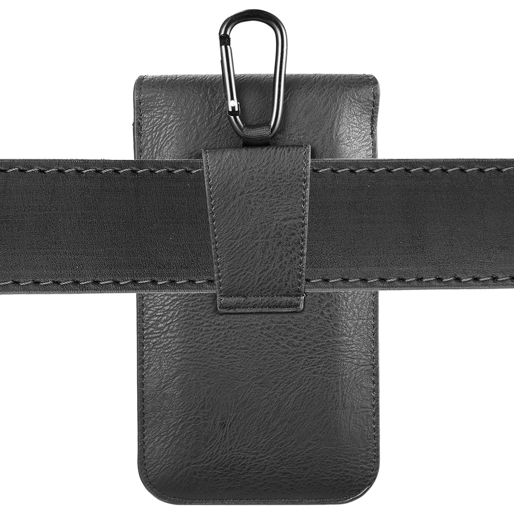 6.5-inch Vertical Black PU Leather Universal Cell Phone Holster Pouch with Belt Loop, Carabiner Clip, and Card Slots