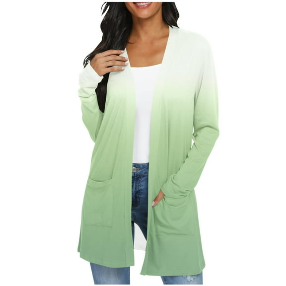 TKLPEHG Fall Fashion 2025 Women's Casual Lightweight with Pocketes Long Sleeve Open Front Cardigan Gradient Print Tops (Green,S)