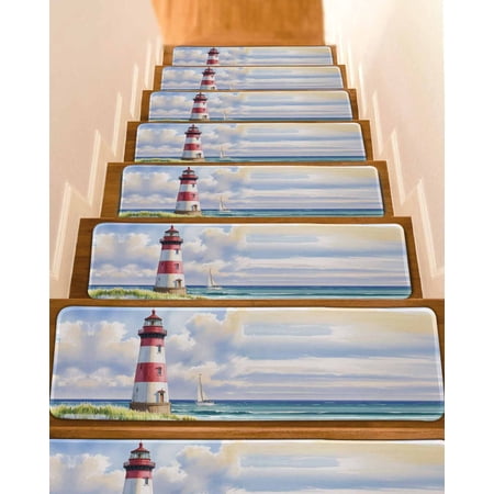 Beach Lighthouse Stair Treads for Wooden Steps Indoor Runner Rug Carpet Coastal Ocean Ship Sky Oil Painting 10 Pieces Peel and Stick Staircase Step Treads Covers Washable Throw Door Mats 30 x8
