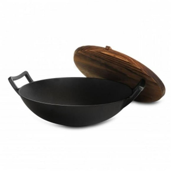 MegaChef 14 in. Heavy Duty Cast Iron Wok with Wood Lid 2 Piece 12 lbs