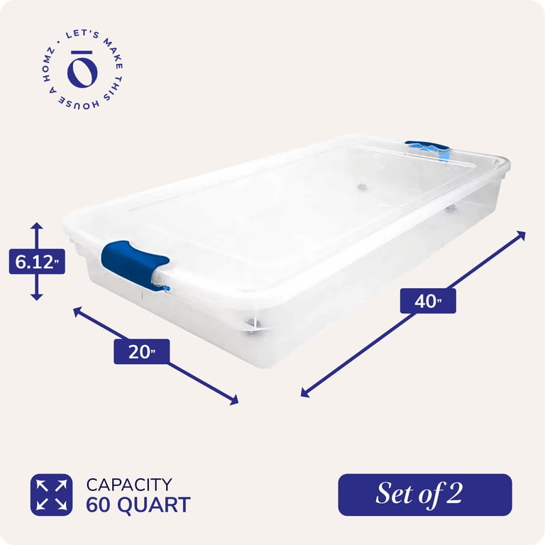 Homz, Underbed Storage Totes, 60 Qt, Clear Plastic with Latch