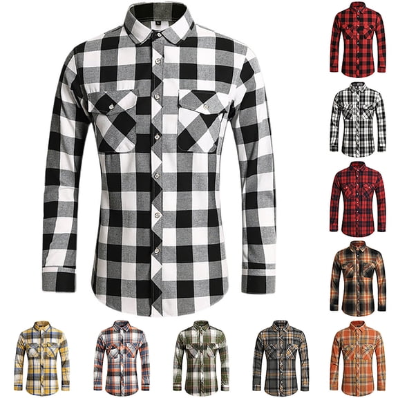 IWRICH Men's Flannel Shirt Casual Regular Fit Long Sleeve Button down Plaid Shirt with Flap Pockets White XL