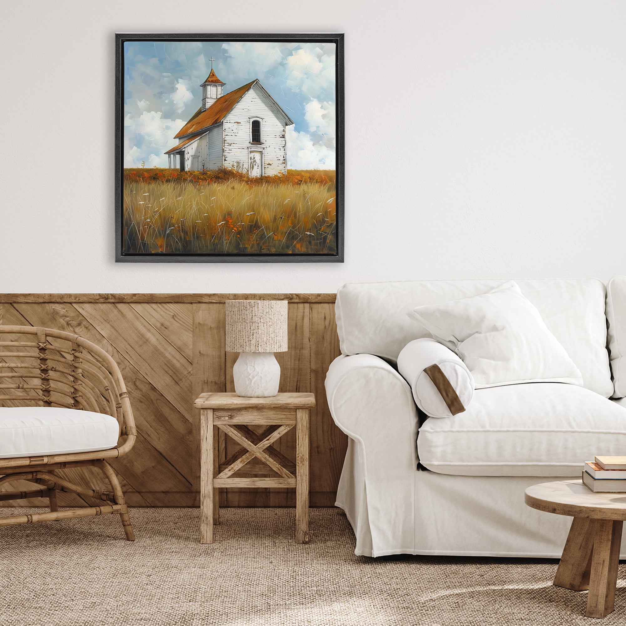 Stupell Industries Rustic Church in Field Black Framed Floater Canvas Wall Art, design by Creative Studio