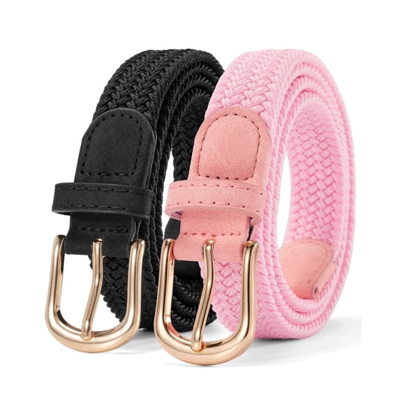 Maikun Belts for Women Elastic Braided Woven Belts 2pc Black Pink Women Belt for Casual