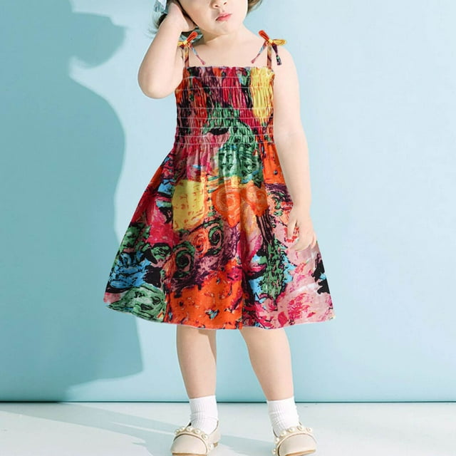 Robes d'Été pour Fillettes Robe de Fantaisie Robe Trapèze à Volants Robe à Bretelles Spaghetti Robe Dinosaure Robe d'Anniversaire pour Filles