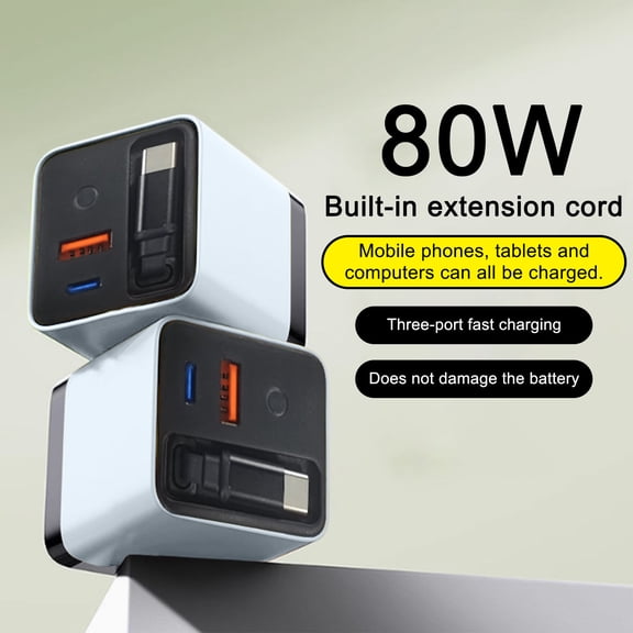 100Fens 3 In 1 Charger Retractable Phone Charger Wall Plug With Scalable 80w Max Fast Charging Module Type C Cable And 2 USB Ports For Phone Laptop
