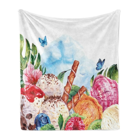 Tropical Soft Flannel Fleece Throw Blanket, Flowers and Butterflies with Ice Cream Berry Sauce and Chocolate Dessert Summer, Cozy Plush for Indoor and Outdoor Use, 70" x 90", Multicolor, by Ambesonne
