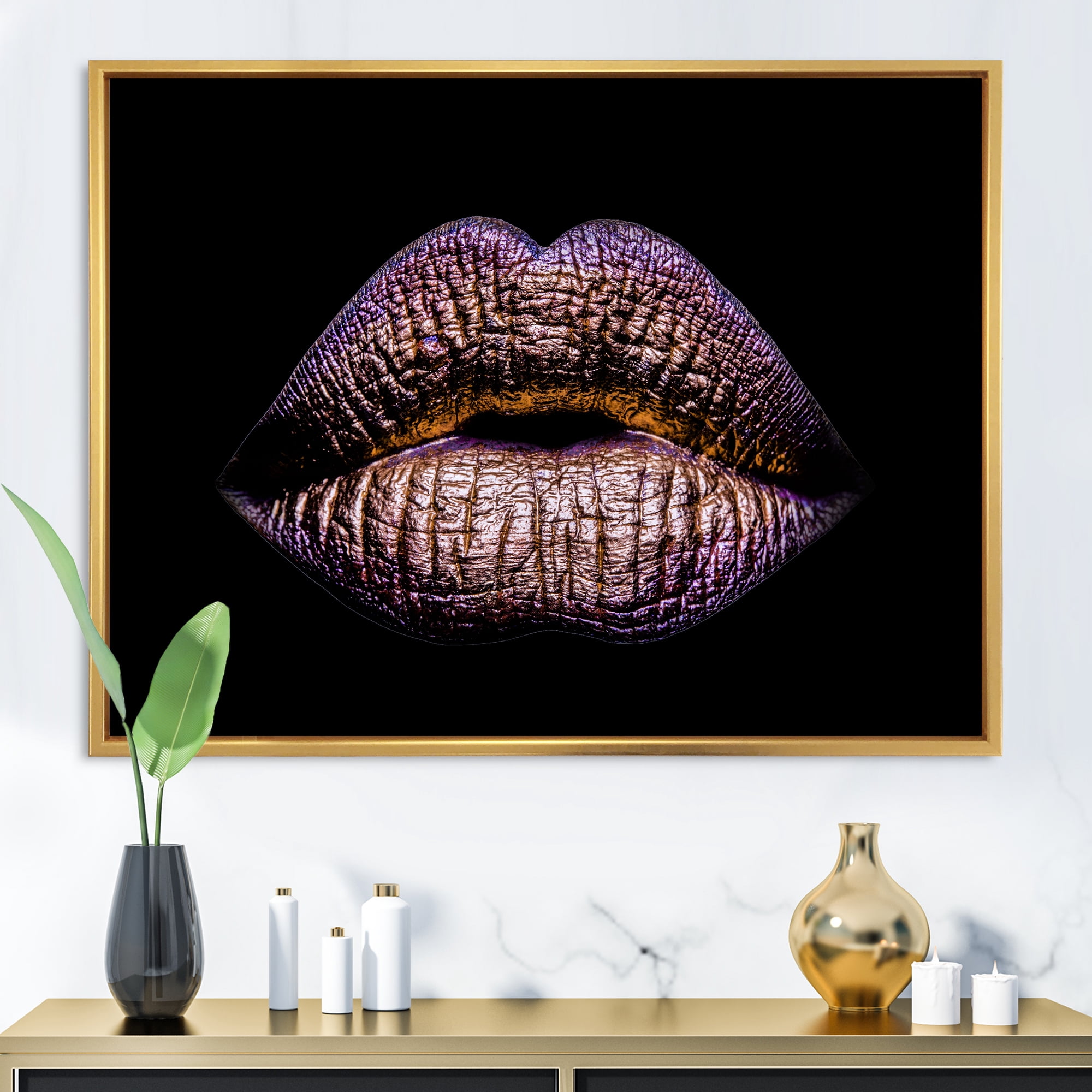 Designart 'Sexy Golden Metallized Woman Lips V' Modern Framed Canvas Wall Art Print