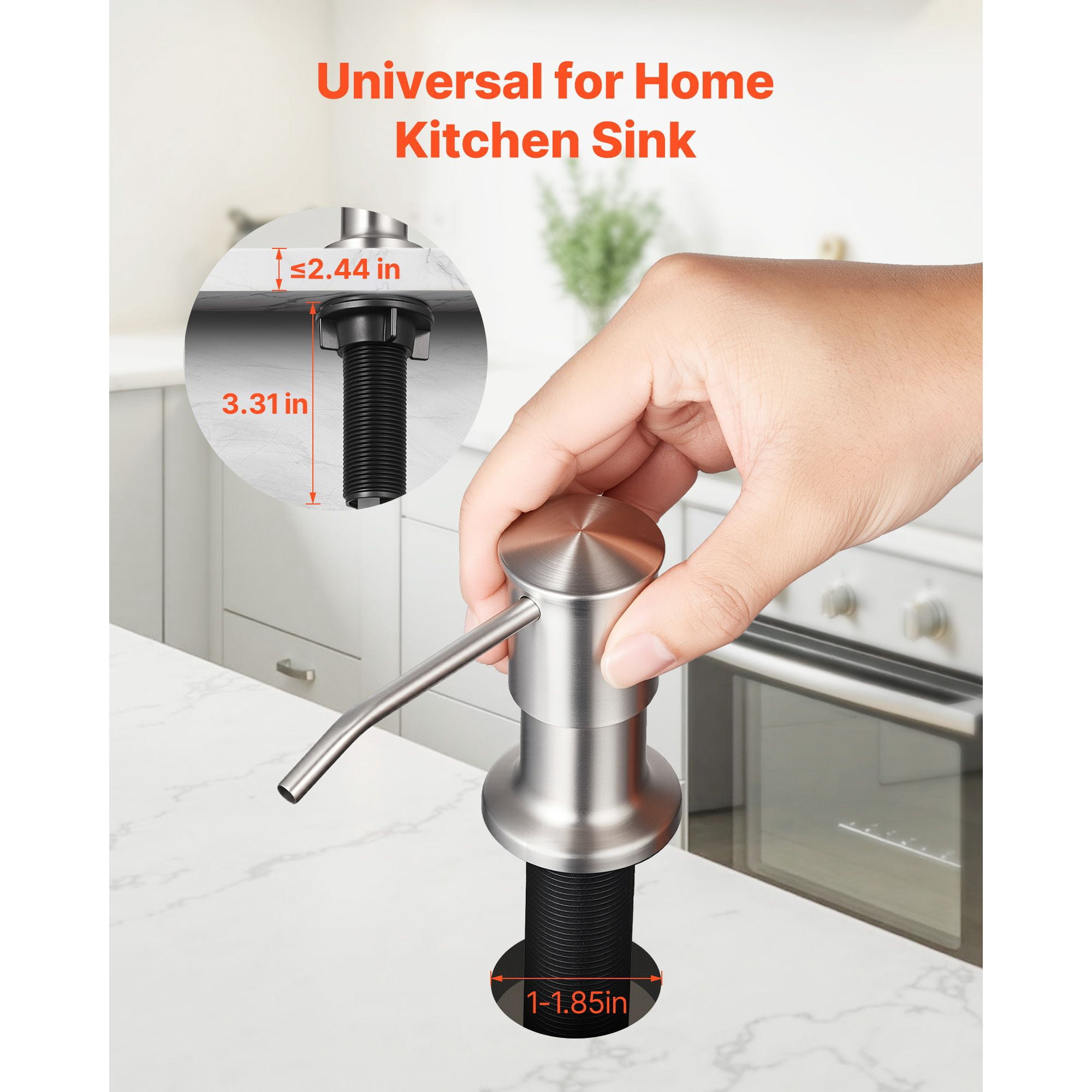 Kitchen Sink Soap Dispenser Stainless Steel, Universal Fit Extension Tube Kit, 360° Rotating Pump Head Built-in Countertop Liquid Dispenser