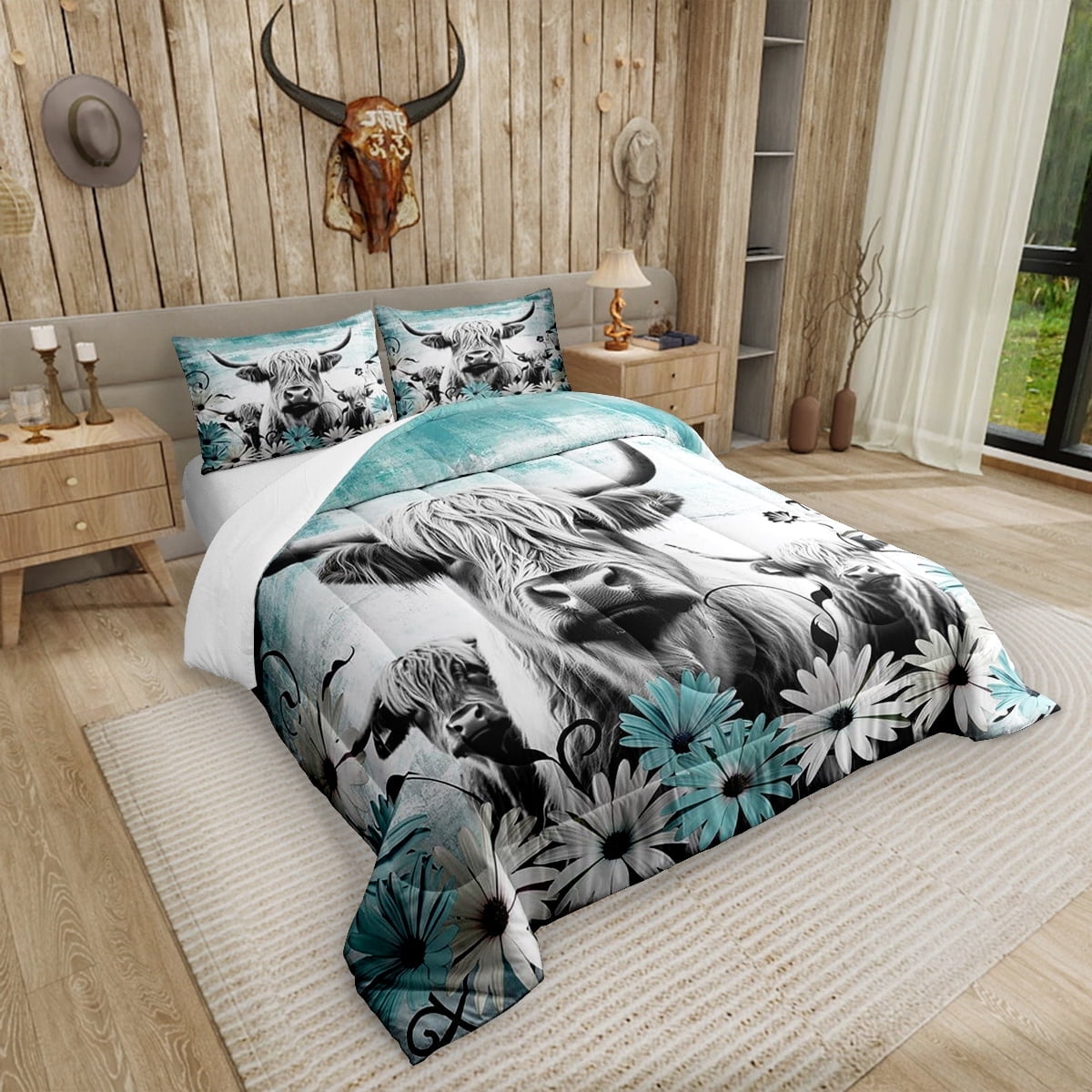 Manfei Highland Cow Print Bedding Set Queen,Teal Western Farmhouse Comforter Sets Rustic Home Decor,Longhorn Cattle Farm Animal Bed Set Graffiti Daisy Flowers Quilt Cowboys Gifts for Men Women