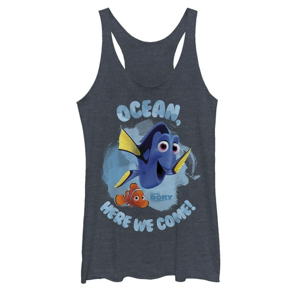Women's Finding Dory Ocean Here We Come Racerback Tank Top Navy Blue Heather X Large