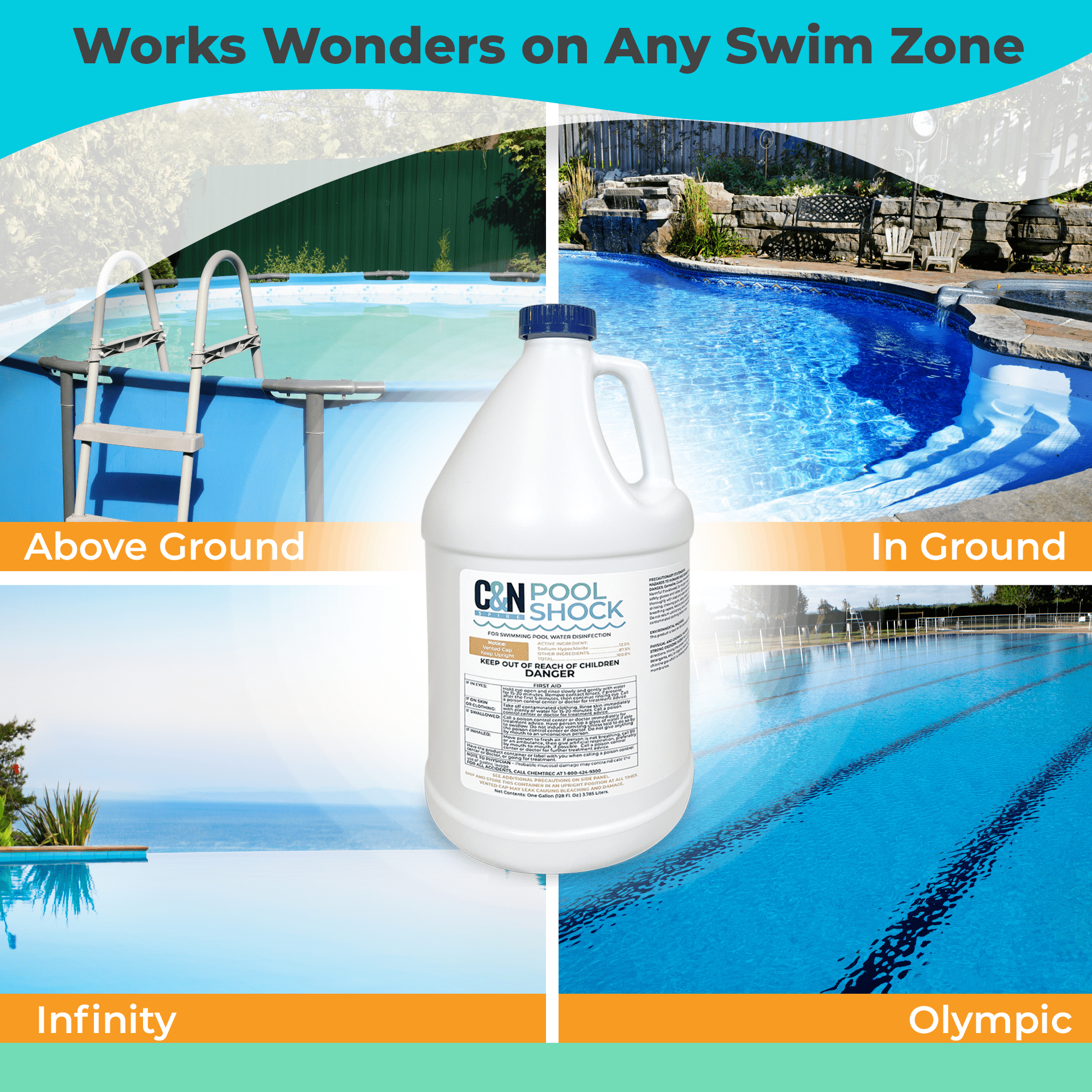 C&N Spire Liquid Pool Shock Pool Chemicals Sodium Hypochlorite 12.5 Percent, 4 Gal