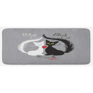 Cat Kitchen Mat, Pair of Cats in Love Having Eaten Fish Red Heart Romantic Black and White Kitties, Plush Decorative Kitchen Mat with Non Slip Backing, 47" X 19", Black White Grey, by Ambesonne