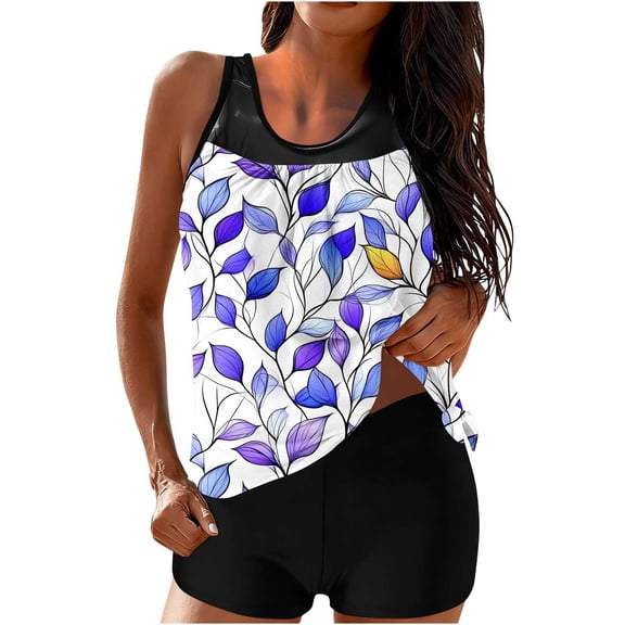 Tankini Swimsuits for Women Built-in Bra V Neck Floral Print 2 Piece Bathing Suits with Boyshorts Tummy Control Modest Swimwear Flowy Top