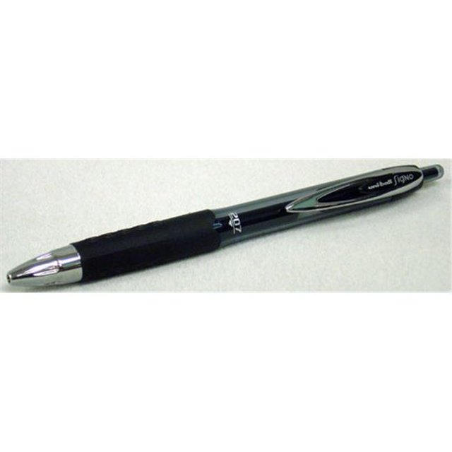 Suite X Uniball Signo 207 Gel Pens, medium point, black ink, featuring a single pen with a sleek black barrel, silver accents, and a textured grip for comfortable writing. Ideal for office and school supplies. Part of a 12-count set.