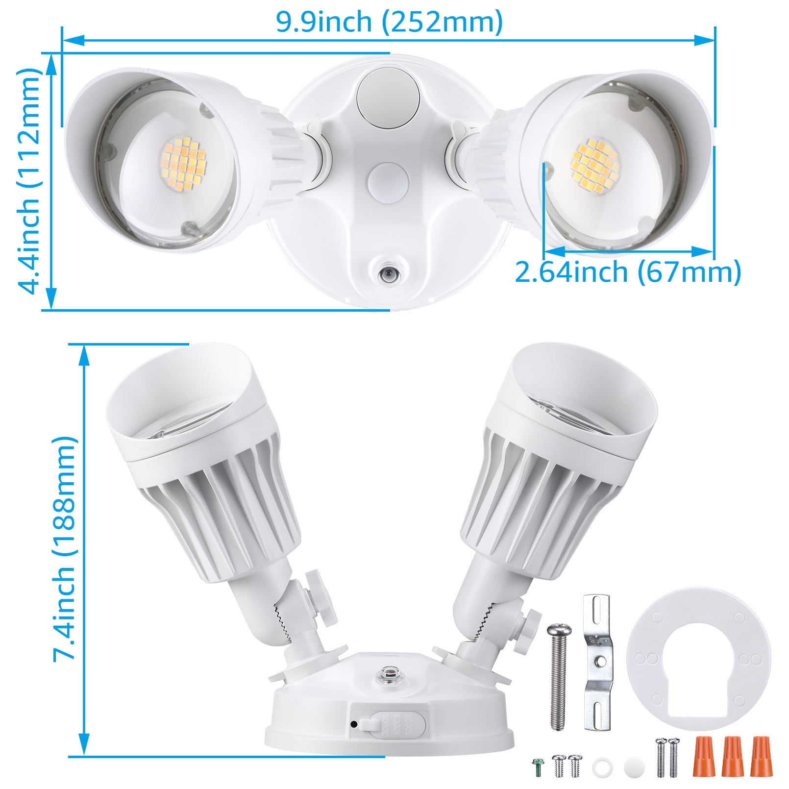 4 Pack 3CCT LED Security Lights Dusk to Dawn, 3000K/4000K/5000K Selectable, Photocell Flood Light Outdoor 2-Head Adjustable, 25W(200W Equiv.), Aluminum, White
