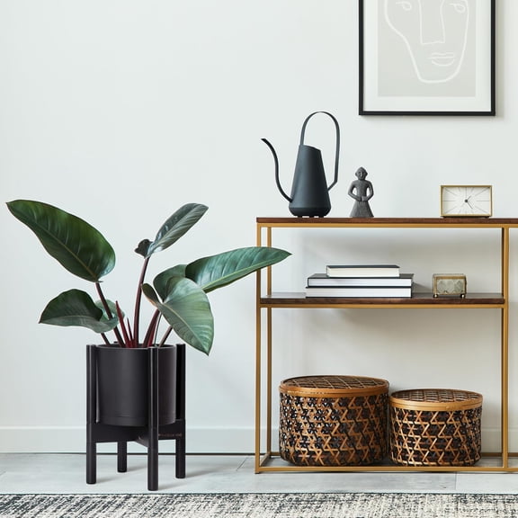 Planter Pot with Stand - 8 Inch Plastic Cylinder Flower Pot with Wood Planter Holder for Indoor, Matte Black Pot   Ebony Stand, 55-C-K-2