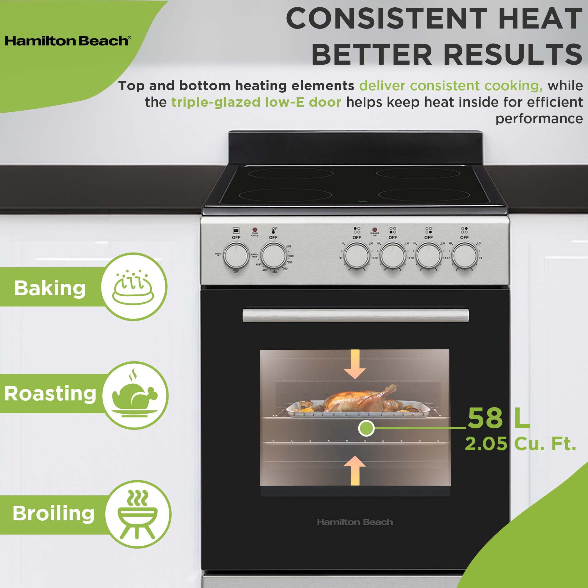 Hamilton Beach 20" Electric Range, Vitroceramic Top, With Shallow Tray, Inox