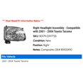 thumbnail image 2 of Right Headlight Assembly - Compatible with 2001 - 2004 Toyota Tacoma 2002 2003, 2 of 2