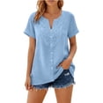 thumbnail image 4 of ClodeEU Women's Embroidered Linen Blend V Neck Short Sleeve Top ,Solid Color Casual Blouse for Summer Blue,Womens Plus M, 4 of 8