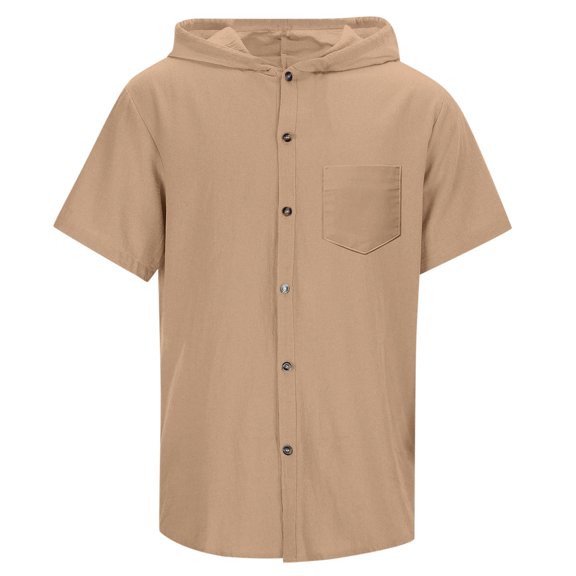 FINALGANG Boys Kids Casual Short Sleeve Hooded Shirt Solid Color Bust Pocket Button Down Lightweight Shirt For Summer Daily Wear Outdoor Activities Brown 11-12 Years
