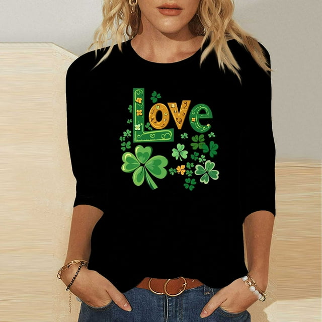 Mceream Chemise de la Saint-Patrick pour Femmes - Tunique Trèfle Irlandais Décontractée Manches 3/4 Col Rond Grande Taille Blouses Habillées Vêtements Décontractés Noir TTTTG