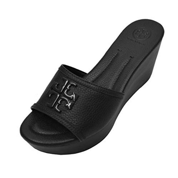 New Tory Burch Womens 80Mm Tumbled Leather Lowell Wedge Slide Sandals  Perfect Black ( M US) 