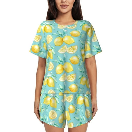 Salouo Yellow Lemon Pattern Short-Sleeved Pajama Set for WomenRound Neck Pajamas Short Sleeve Sleepwear Set Summer Pajamas Set Lounge Sets 2-Piece Pj-3X-Large