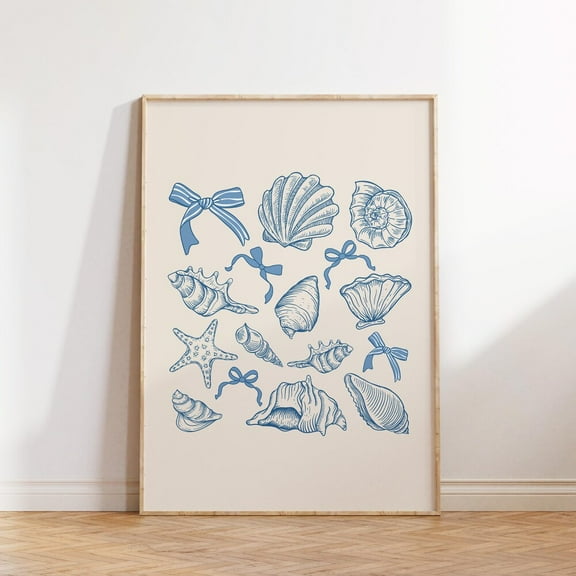 Kna Prints - 1 Pc Poster Blue Bow Seashell Wall Art, Coquette, Coastal Wall Art, Wall Art Print, Trendy Bow Poster, Aesthetic, Printable Art, Dorm Decor, Blue Poster, UNFRAMED-8x12