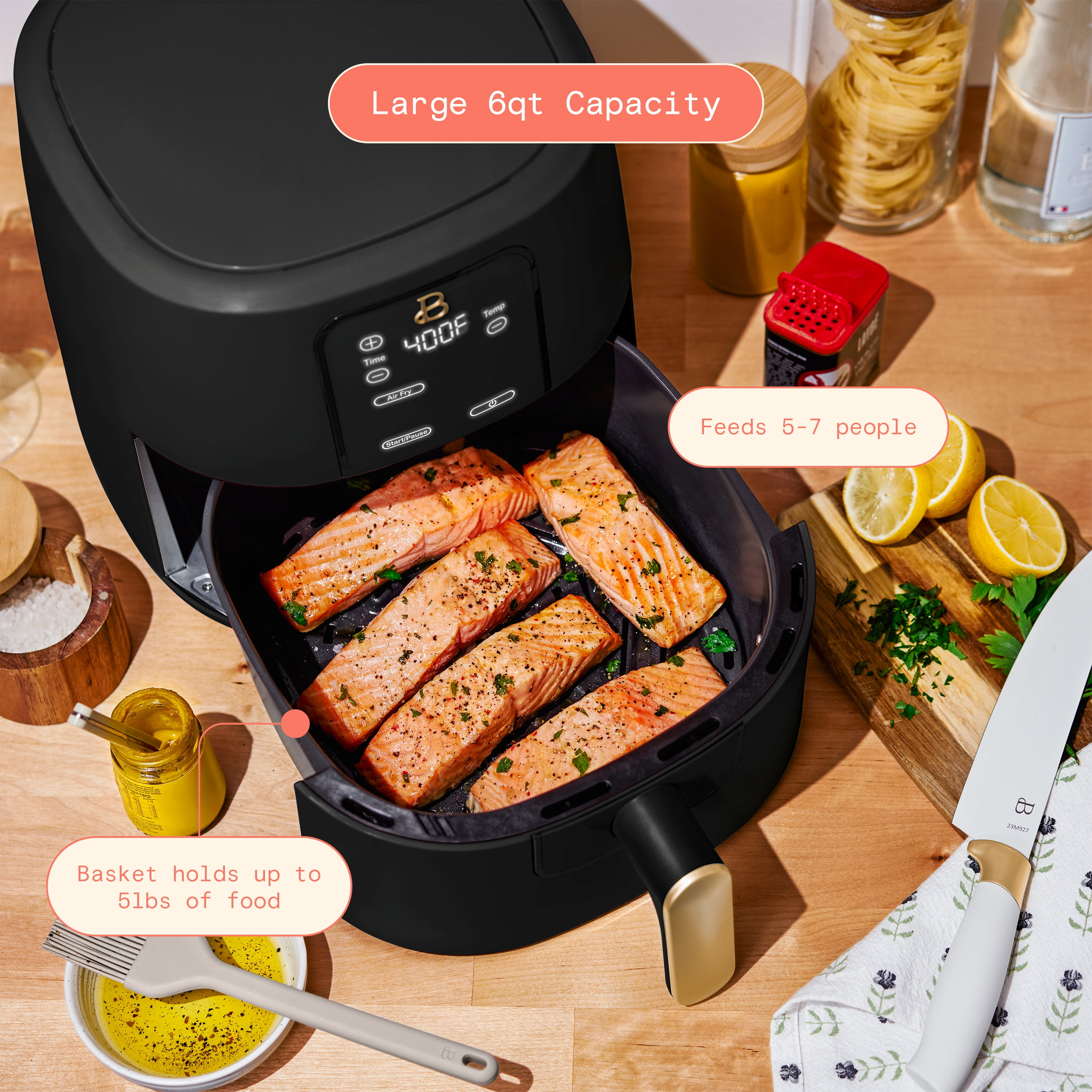 Beautiful 6 Qt Air Fryer with TurboCrisp Technology, EverGood Ceramic Nonstick Coating, Black Sesame by Drew Barrymore