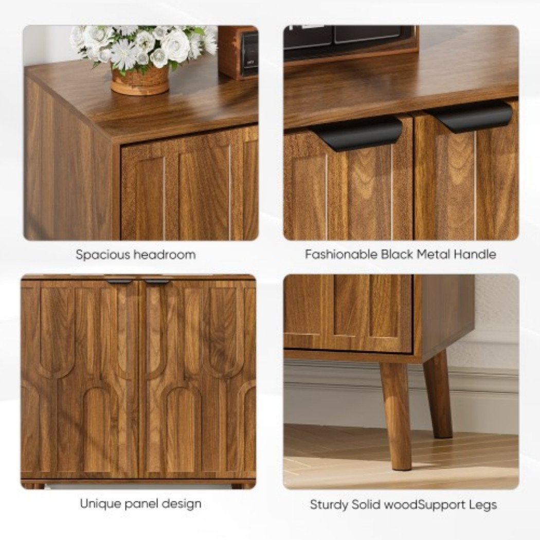 Farmhouse Buffet Cabinet, 31.5" Walnut Sideboard Cabinet with 2 Slatted Doors & 2 Storage Compartments, Coffee Bar Cabinet for Kitchen, Dining Room & Living Room, Brown