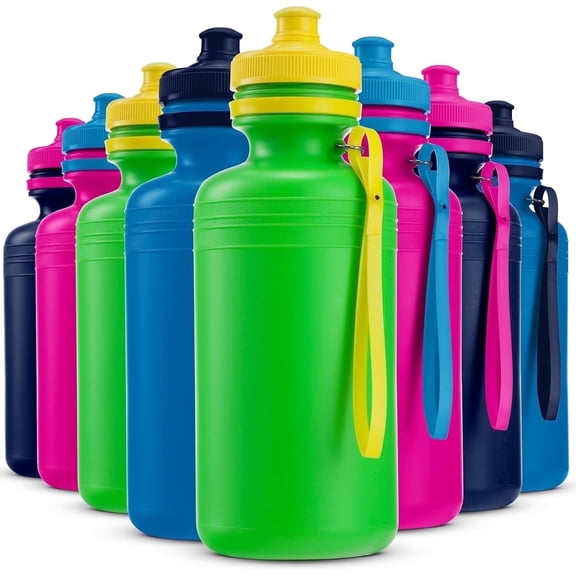 Bedwina Bulk Water Bottles for Kids - (Pack of 12) 18 oz - 7.5 Inch BPA-Free Plastic Water Bottles With Pop-up Tops & Handles for Summer, Reusable Water Bottles Bulk for School