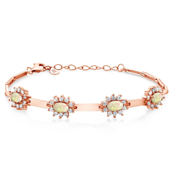 Gem Stone King 18K Rose Gold Plated Silver White Ethiopian Opal and White Created Sapphire Bracelet for Women (2.88 Cttw, Gemstone, Oval Cabochon 6X4MM, 7 inch   1 inch Extender)