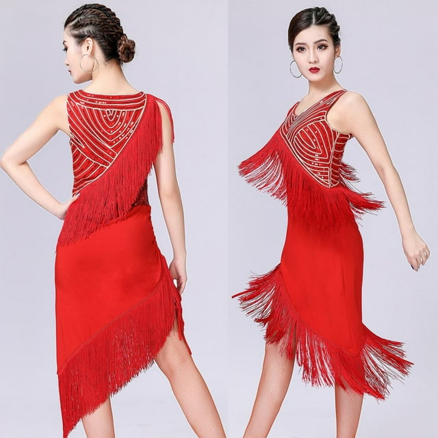 Vestido de baile sin mangas con lentejuelas de rojo Colcomx Vestidos de baile latino para mujer