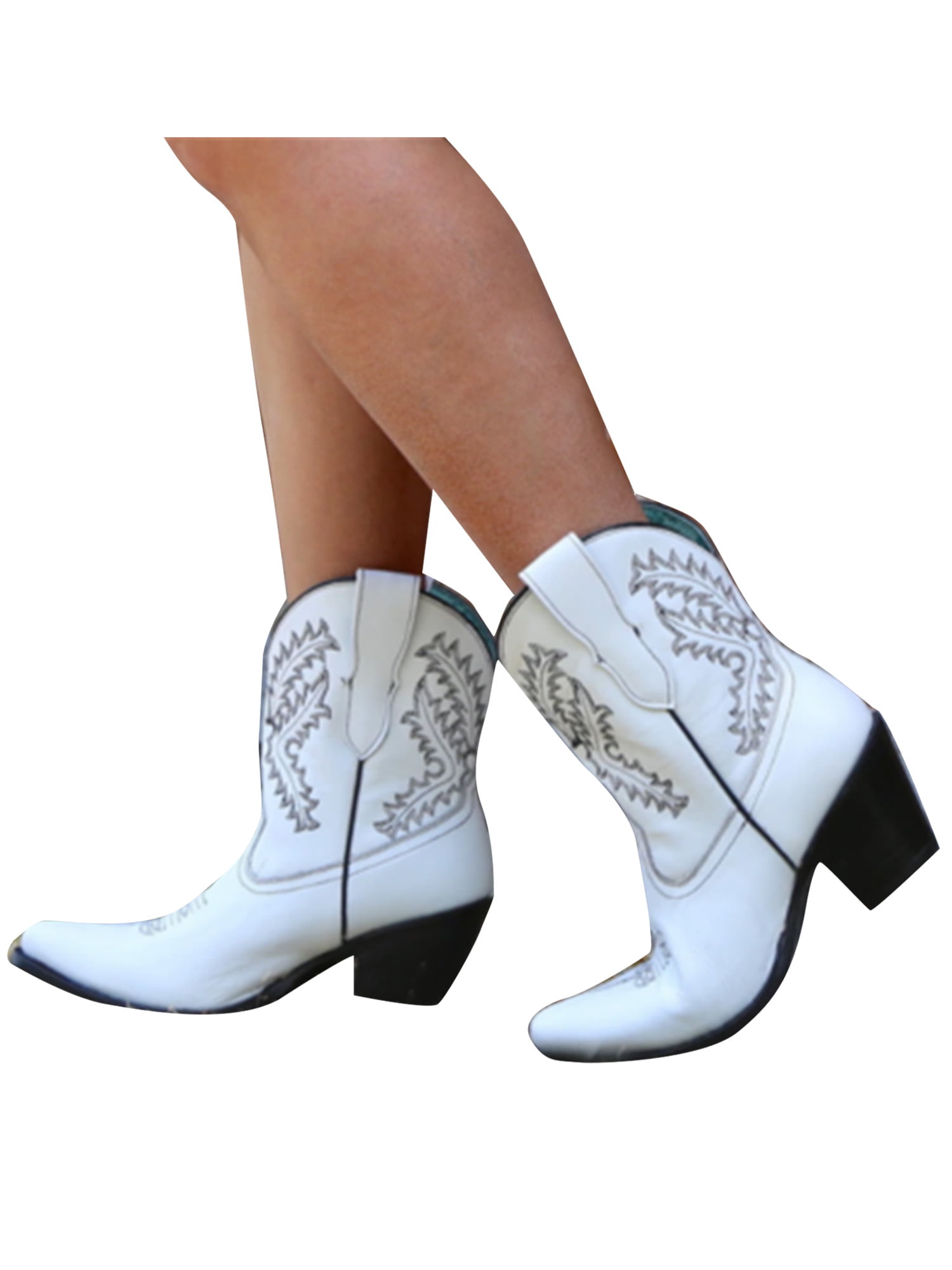 Classic Ladies Western Pattern Cowboy Cowgirl Pull On Block Heel Pointed Boots 