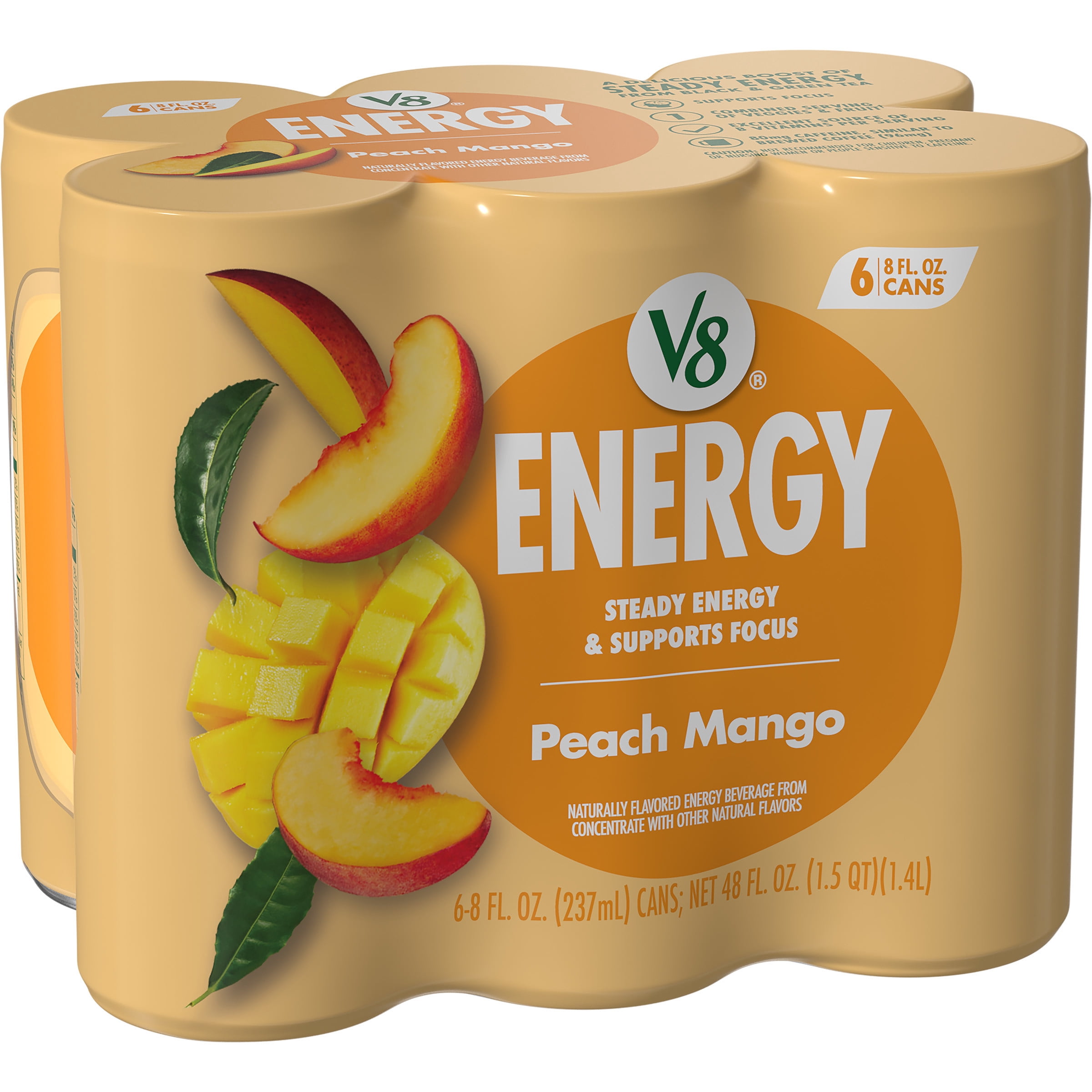 (4 pack) V8 Energy Peach Mango Energy Drink, 8 fl oz Can, 6 pack