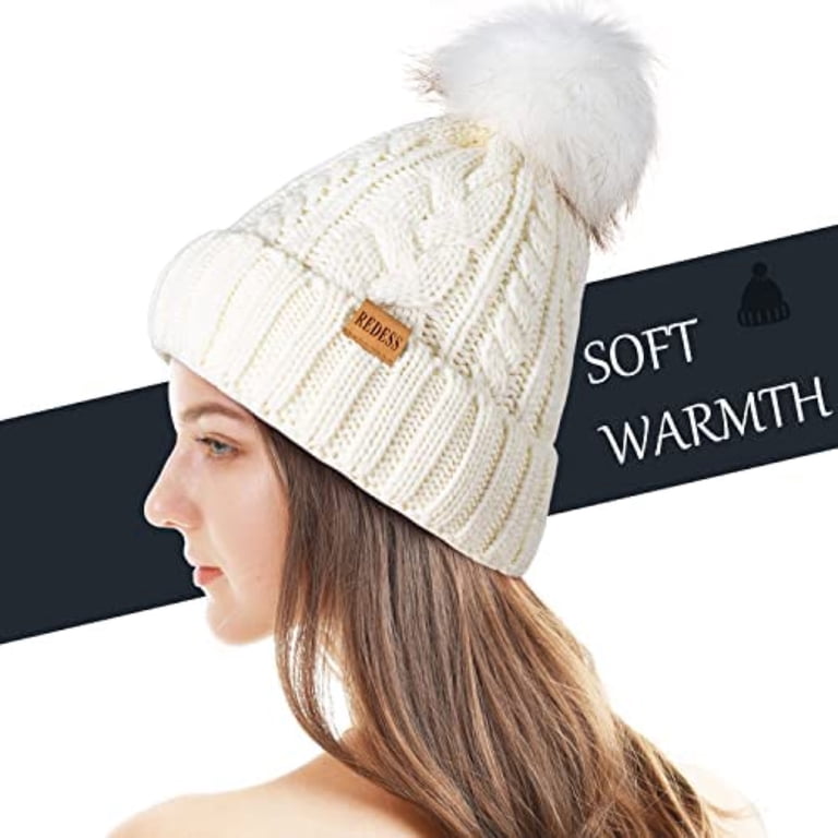 Women\'s Faux Fur Fleece Lined Olive Winter Thick Knit Pom Skull Beanie Hat Cap Amazon.com: PIOZAED Women main image 4