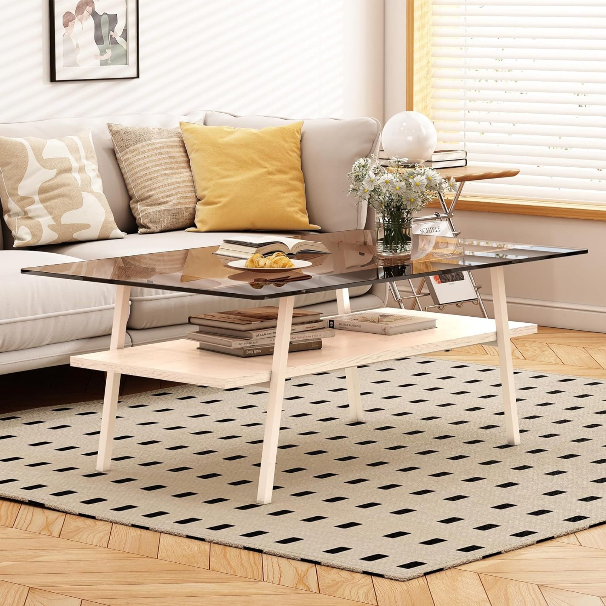BJSN Glass Coffee Table for Living Room Small Gold Mid Century Coffee Table for Living Room with Wood Shelves (Black Frame, Transparent Glass   Brown Wood),Brown Glass   White Wood