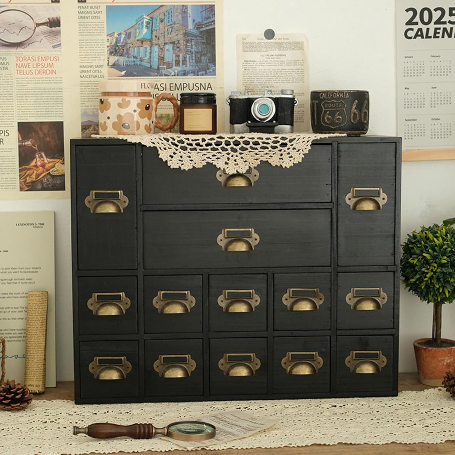 14 Drawers Apothecary Drawers Card Catalog Cabinet,Wooden Storage Box with Drawers,Library Card Catalog Cabinet for Desktop Organizer,Black