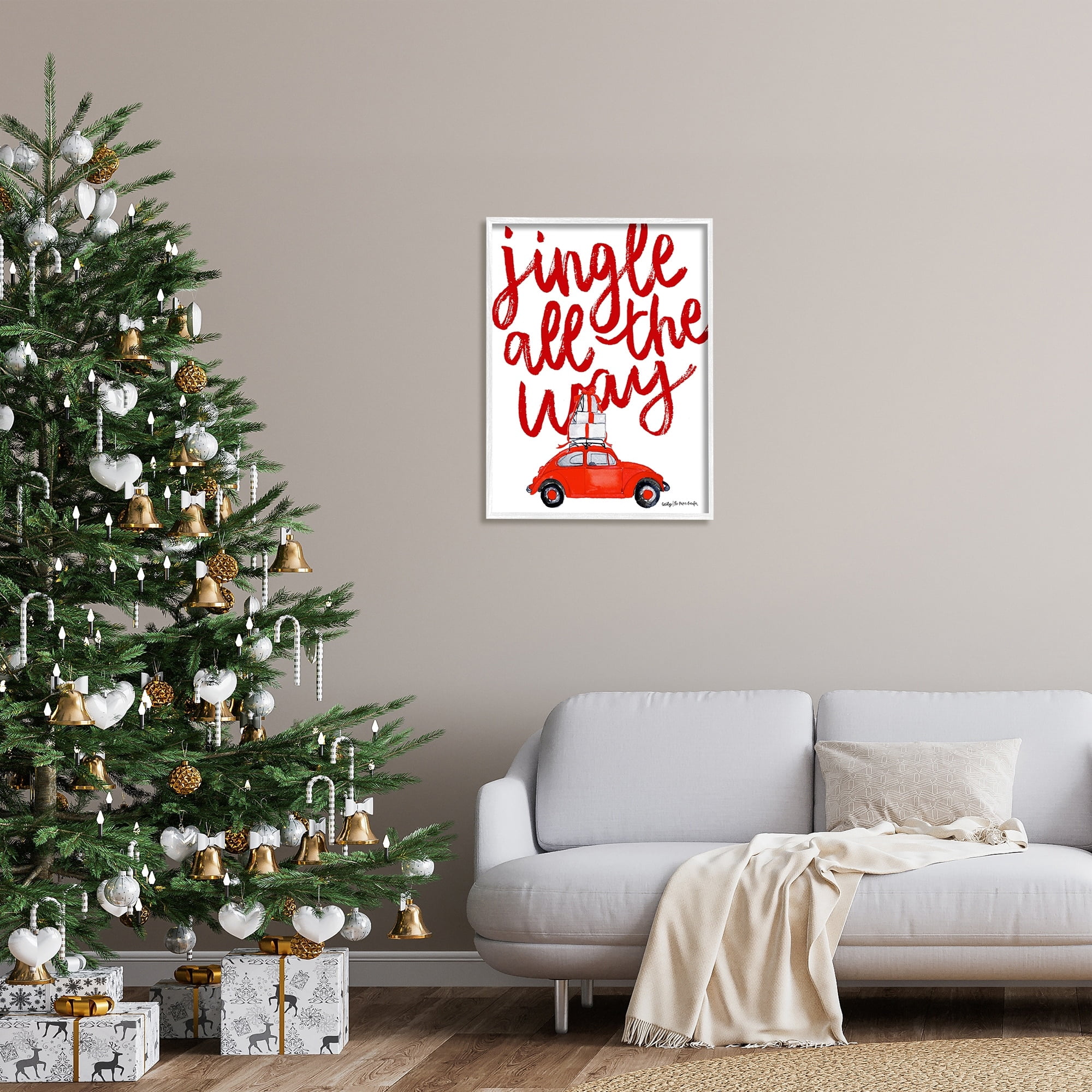 Stupell Industries Jingle All The Way Holiday Gifts Red Car Driving Graphic Art White Framed Art Print Wall Art, Design by Cecily Moore