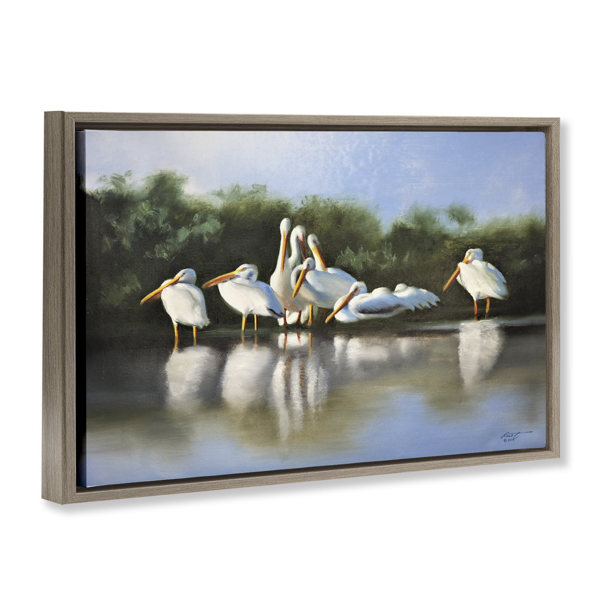 Stupell Industries White Pelicans Flock Animals & Insects Painting Brown Floater Framed Canvas Art Print Wall Art, 25 x 17
