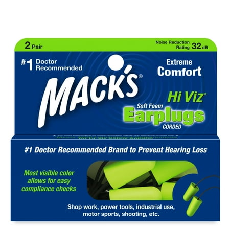 Mack’s Hi Viz Soft Foam Earplugs, 2 Pair – Most Visible Color, Easy Compliance Checks, 32dB High NRR – Comfortable, Safe Ear Plugs for Shop Work, Industrial Use, Motor Sports and Shooting
