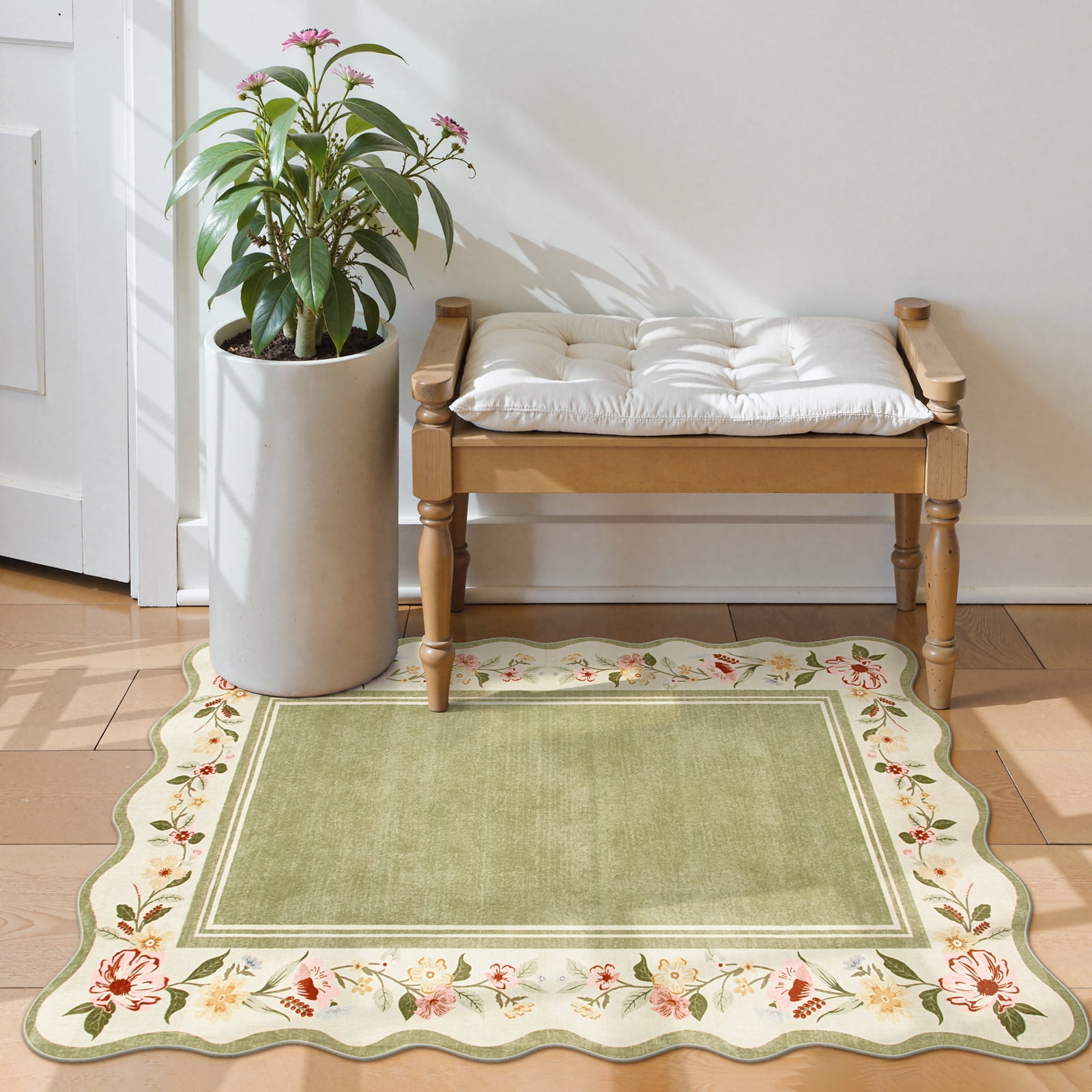 Lahome 2'x3' Boho Floral Washable Small Rug,Ultra-Thin Scalloped Rug, Non-Slip & Stain Resistant,Soft Low-Pile Mat for Kitchen, Bathroom, Bedroom Front Door Indoor Entrance (2x3ft,Green)