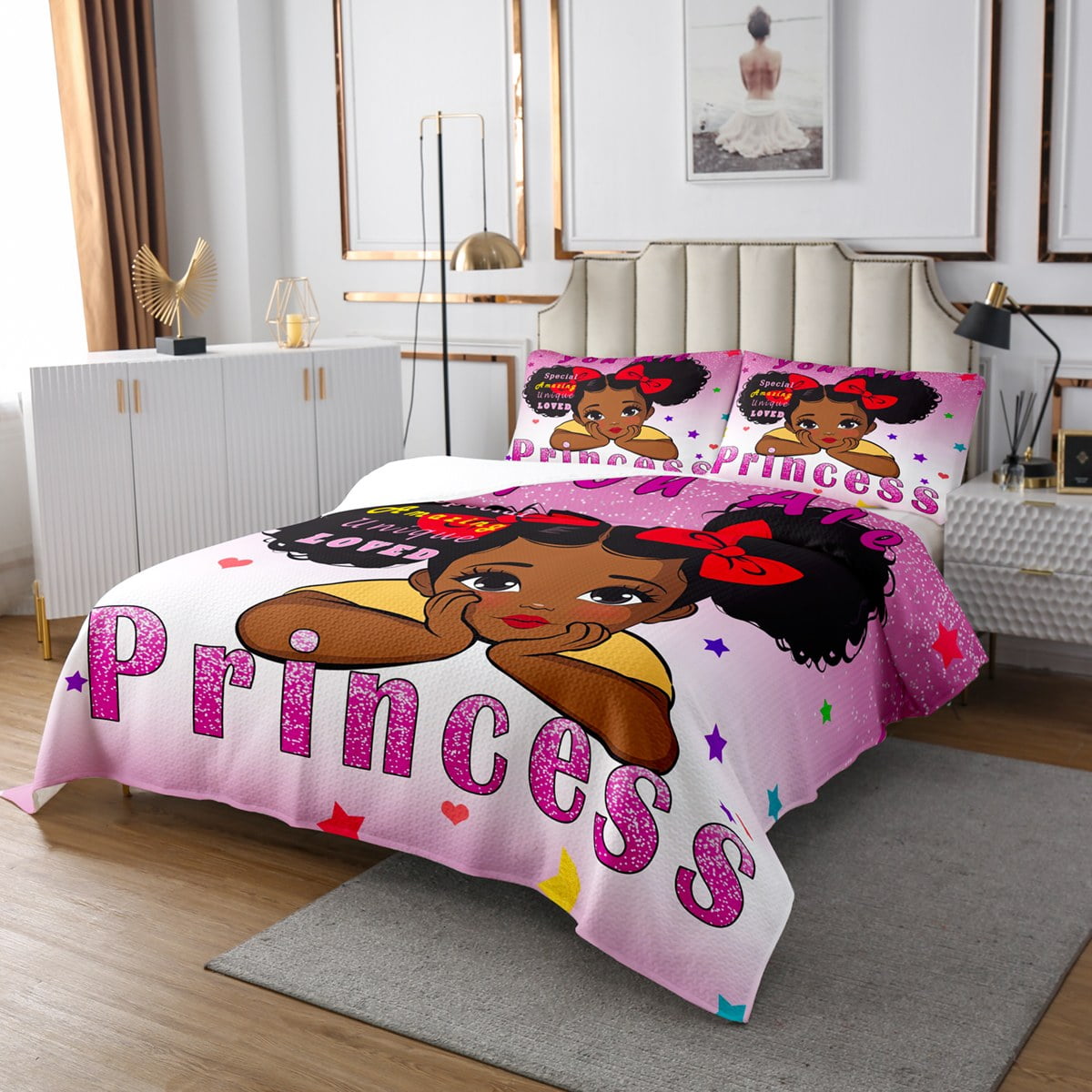 YST Black Little Girl Bedspread Set For Girls Queen American African Princess Girl Quilt Set Cute Afro Girl Bedding Set Kawaii Magical Coverlet Set Pink Black Room Decor 2 Pillow Cases