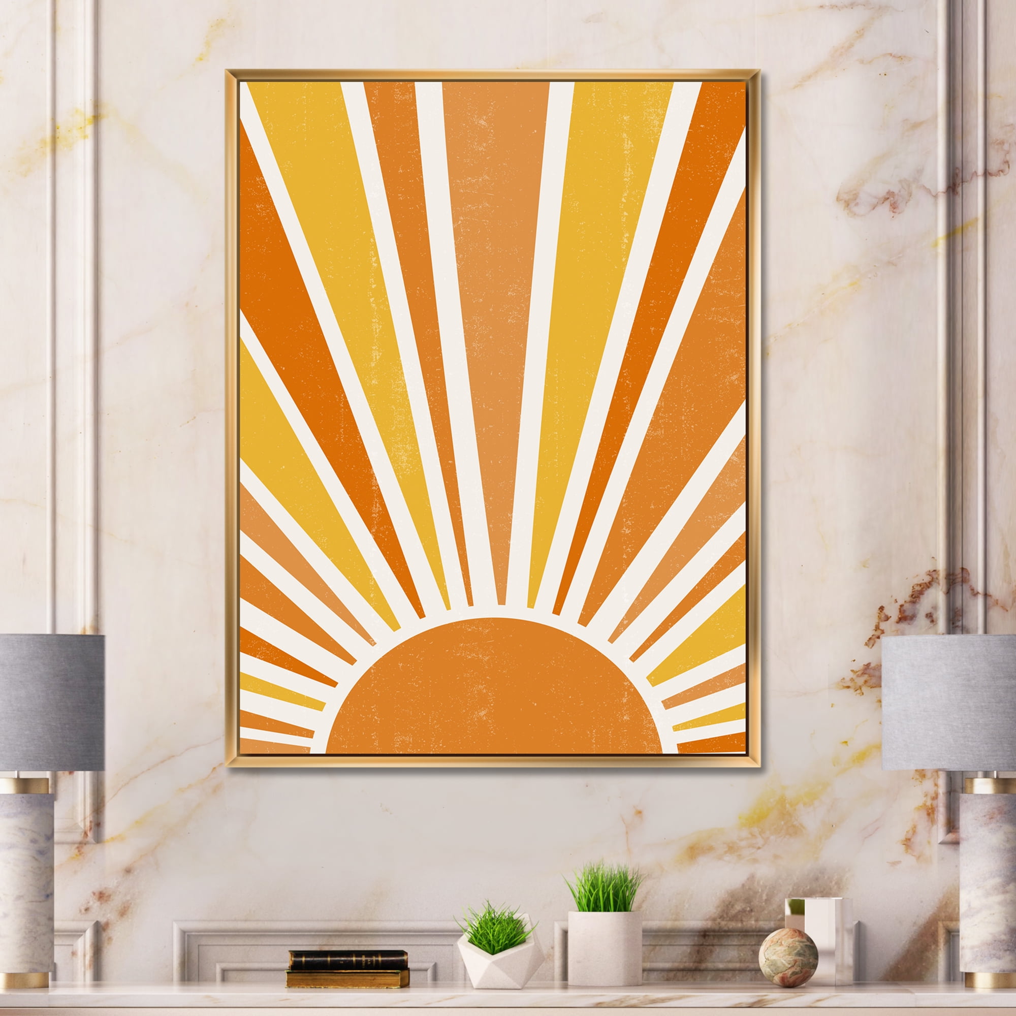 Designart 'Minimal Bright Shining Orange Sun Rays II' Modern Framed Canvas Wall Art Print
