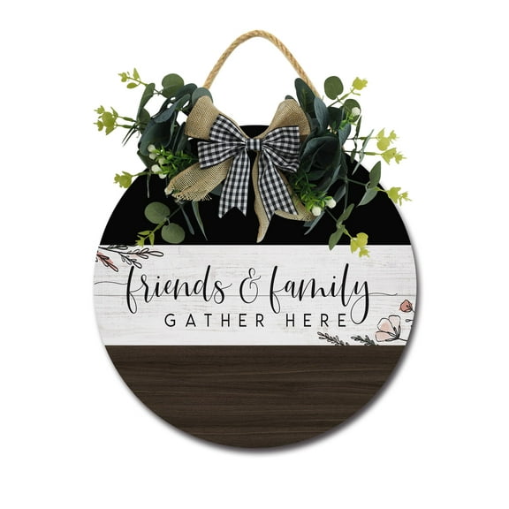 Friends & Family Gather Here Front Door Sign Funny Wreaths Hanging Wooden Plaque Decoration Round Rustic Wood Farmhouse Porch Decor for Home Front Door Decor, 11 x 11 Inch