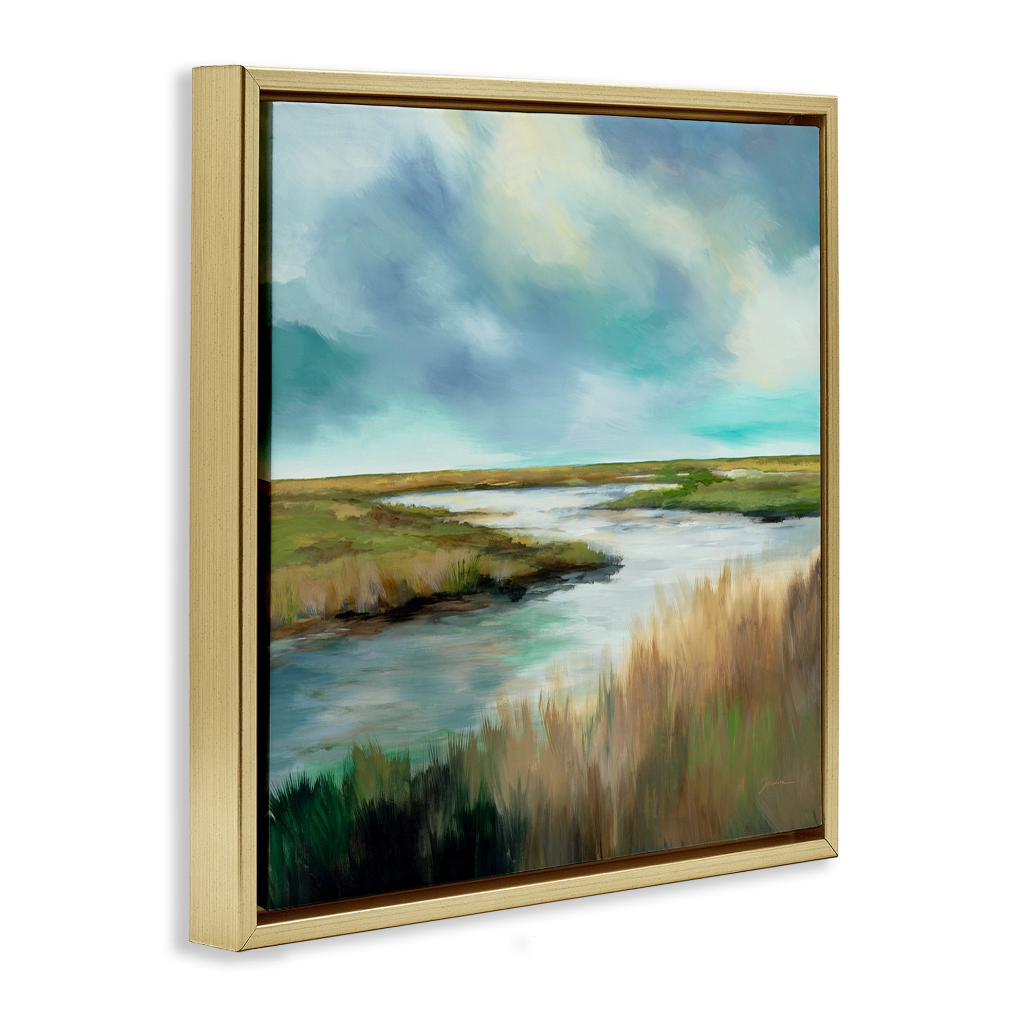 Stupell Industries Tranquil Meadow and Wetlands Gold Framed Floater Canvas Wall Art, design by Liz Jardine